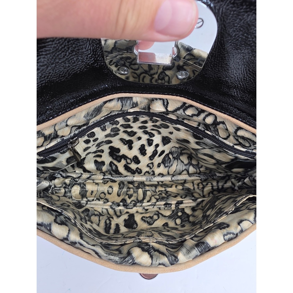 Longchamp Paris Black Patent Leather Shoulder Bag Leopard Print Made in France - Picture 6 of 11